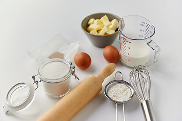 Image showing ingredients and tools for food cooking on table