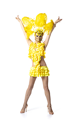 Image showing Beautiful young woman in carnival, stylish masquerade costume with feathers dancing on white studio background.