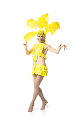 Image showing Beautiful young woman in carnival, stylish masquerade costume with feathers dancing on white studio background.