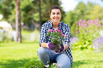 Image showing woman planting rose flowers at summer garden