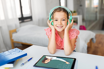 Image showing girl in headphones with tablet computer at home