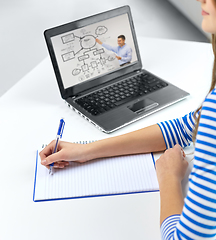 Image showing student girl with exercise book, pen and laptop