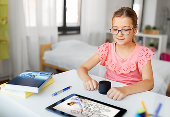 Image showing student girl using smart speaker at home