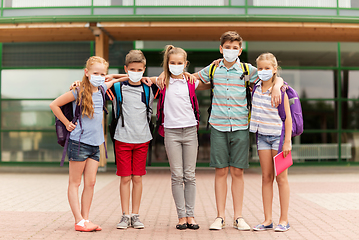 Image showing group of students in masks hugging over school