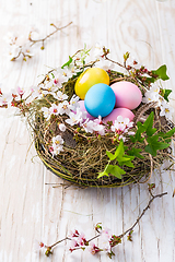 Image showing Nest with Easter eggs and blooming branches on white wooden background