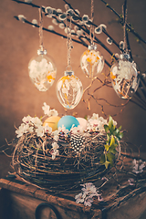 Image showing Holidays and Easter concept - nest and pussy willow branches decorated with Easter eggs 