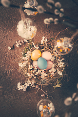 Image showing Nest with Easter eggs and blooming branches with pussy willow branches decorated