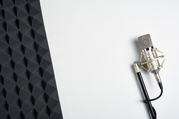 Image showing Microphone on white background with copy space and acoustic foam panel