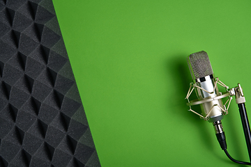 Image showing Microphone on green background with copy space and acoustic foam panel