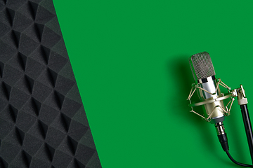 Image showing Microphone on green background with copy space and acoustic foam panel