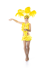 Image showing Beautiful young woman in carnival, stylish masquerade costume with feathers dancing on white studio background.