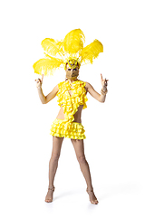 Image showing Beautiful young woman in carnival, stylish masquerade costume with feathers dancing on white studio background.