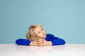 Image showing Happy curly boy isolated on blue studio background. Looks happy, cheerful, sincere. Copyspace. Childhood, education, emotions concept