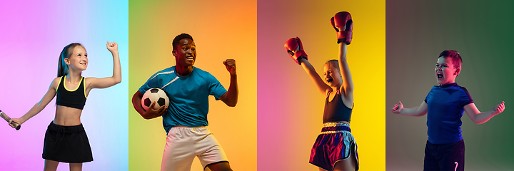 Image showing Portrait of young sportive people on neon gradient studio background, collage