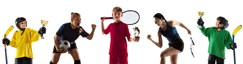 Image showing Portrait of young sportive people on white studio background, collage