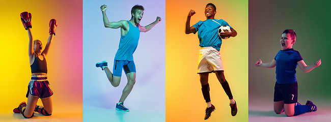 Image showing Portrait of young sportive people on neon gradient studio background, collage