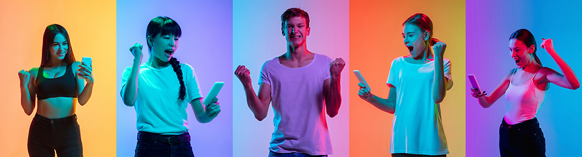 Image showing Portrait of young cheerful people on neon gradient studio background, collage