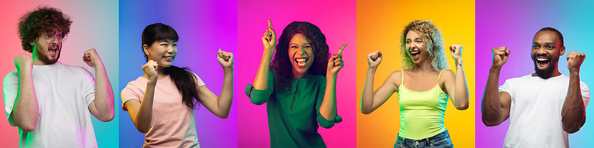 Image showing Portrait of young cheerful people on neon gradient studio background, collage