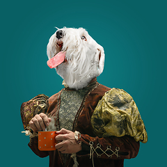 Image showing Model like medieval royalty person in vintage clothing headed by dog head. Concept of comparison of eras, artwork, renaissance, baroque style. Creative collage.