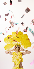 Image showing Beautiful young woman in carnival, stylish masquerade costume with feathers dancing on white studio background with shining confetti