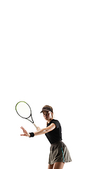 Image showing Young caucasian professional sportswoman playing tennis isolated on white background