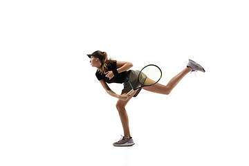 Image showing Young caucasian professional sportswoman playing tennis isolated on white background