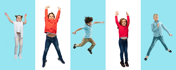 Image showing Group of elementary school kids or pupils jumping in colorful casual clothes on bicolored studio background. Creative collage.