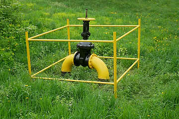 Image showing Large gas valve outside among green grass and bushes