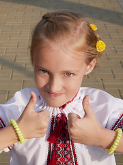 Image showing Caucasian blonde little girl in festive Ukrainian embroidered sh