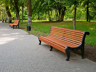 Image showing Empty alley with benches in the city park in summer time