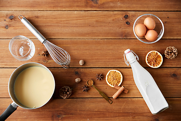 Image showing pot with eggnog, ingredients and spices on wood