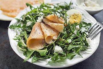 Image showing Dandelion salad smoked salmon