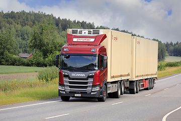 Image showing Red Scania G Truck Prosi FNA Trailer on Road