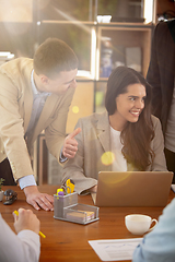 Image showing Front view colleagues working together in a office using modern devices and gadgets during creative meeting