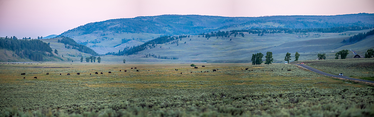 Image showing The sun setting over the Lamar Valley near the northeast entranc