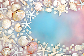 Image showing Seashell Collection on Rainbow Sky Cloud Background