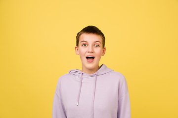 Image showing Caucasian girl\'s portrait isolated on yellow studio background with copyspace