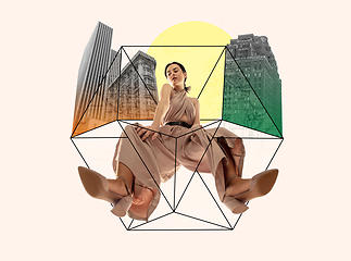 Image showing Stylish woman, urban style, geometric modern design. Contemporary art. Creative conceptual and colorful collage.