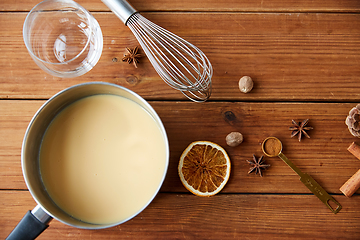 Image showing pot with eggnog, ingredients and spices on wood