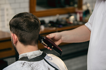 Image showing Close up of client of master barber, stylist during getting care of hairstyle. Professional occupation, male beauty concept