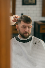 Image showing Close up of client of master barber, stylist during getting care of hairstyle. Professional occupation, male beauty concept