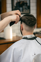 Image showing Close up of client of master barber, stylist during getting care of hairstyle. Professional occupation, male beauty concept