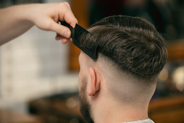 Image showing Close up of client of master barber, stylist during getting care of hairstyle. Professional occupation, male beauty concept