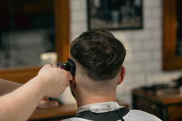 Image showing Close up of client of master barber, stylist during getting care of hairstyle. Professional occupation, male beauty concept