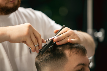 Image showing Close up of client of master barber, stylist during getting care of hairstyle. Professional occupation, male beauty concept