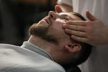 Image showing Close up of client of master barber, stylist during getting care of mustache and beard. Professional occupation, male beauty concept