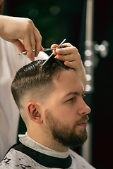 Image showing Close up of client of master barber, stylist during getting care of hairstyle. Professional occupation, male beauty concept