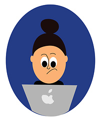 Image showing Portrait of a girl at work before laptop in the night over blue 