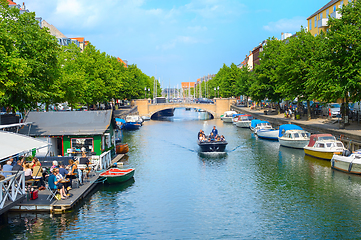 Image showing People canal boat restaurant Copenhagen