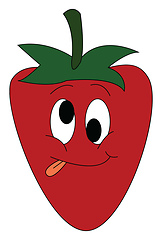 Image showing Cartoon of a silly face strawberry with green leaves and tongue 